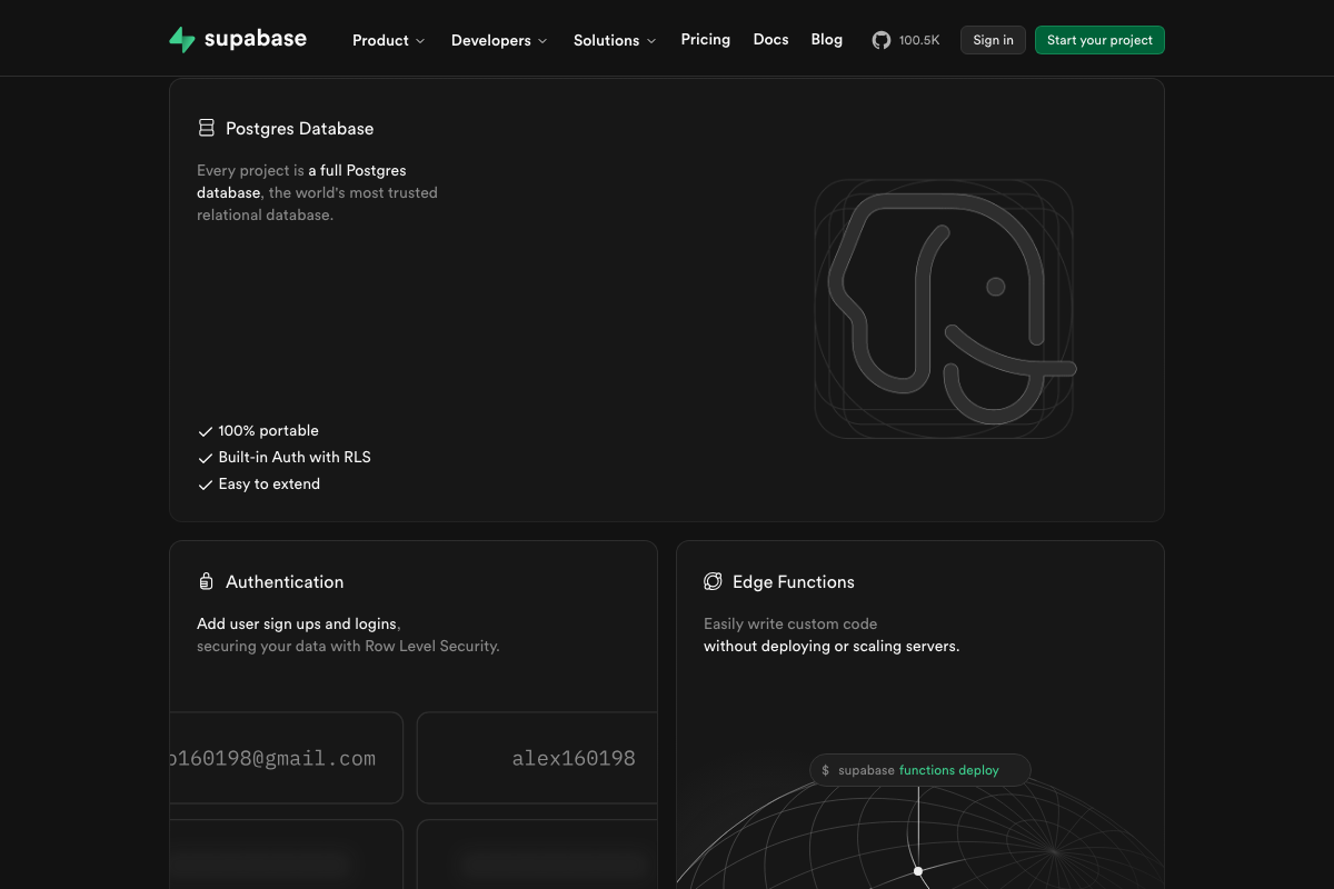 Supabase product features showing Postgres with RLS, built-in Authentication, and Edge Functions with CLI deploy command