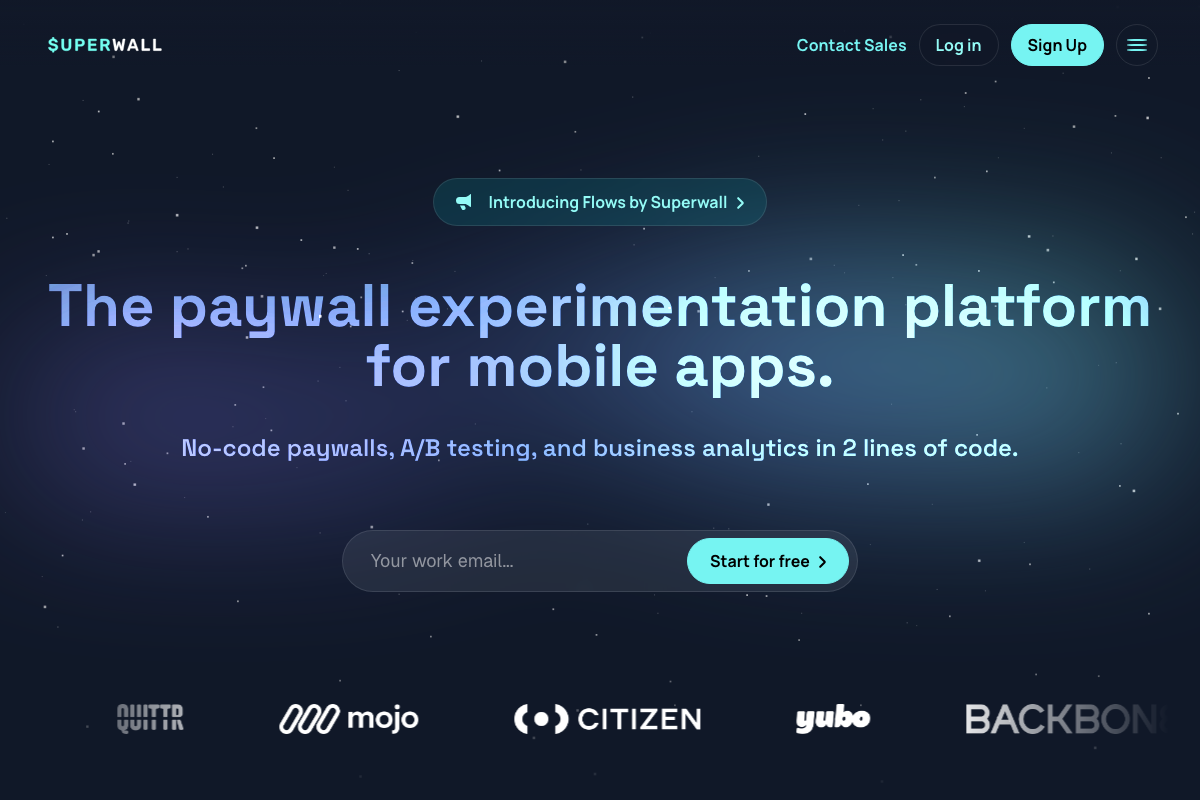 Superwall homepage: paywall experimentation platform with no-code A/B testing and business analytics in 2 lines of code