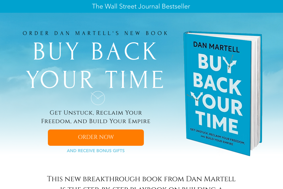 buybackyourtime.com hero section: 'Buy Back Your Time' WSJ Bestseller with bonus gifts gated behind book purchase — the documented path to the companion worksheet.