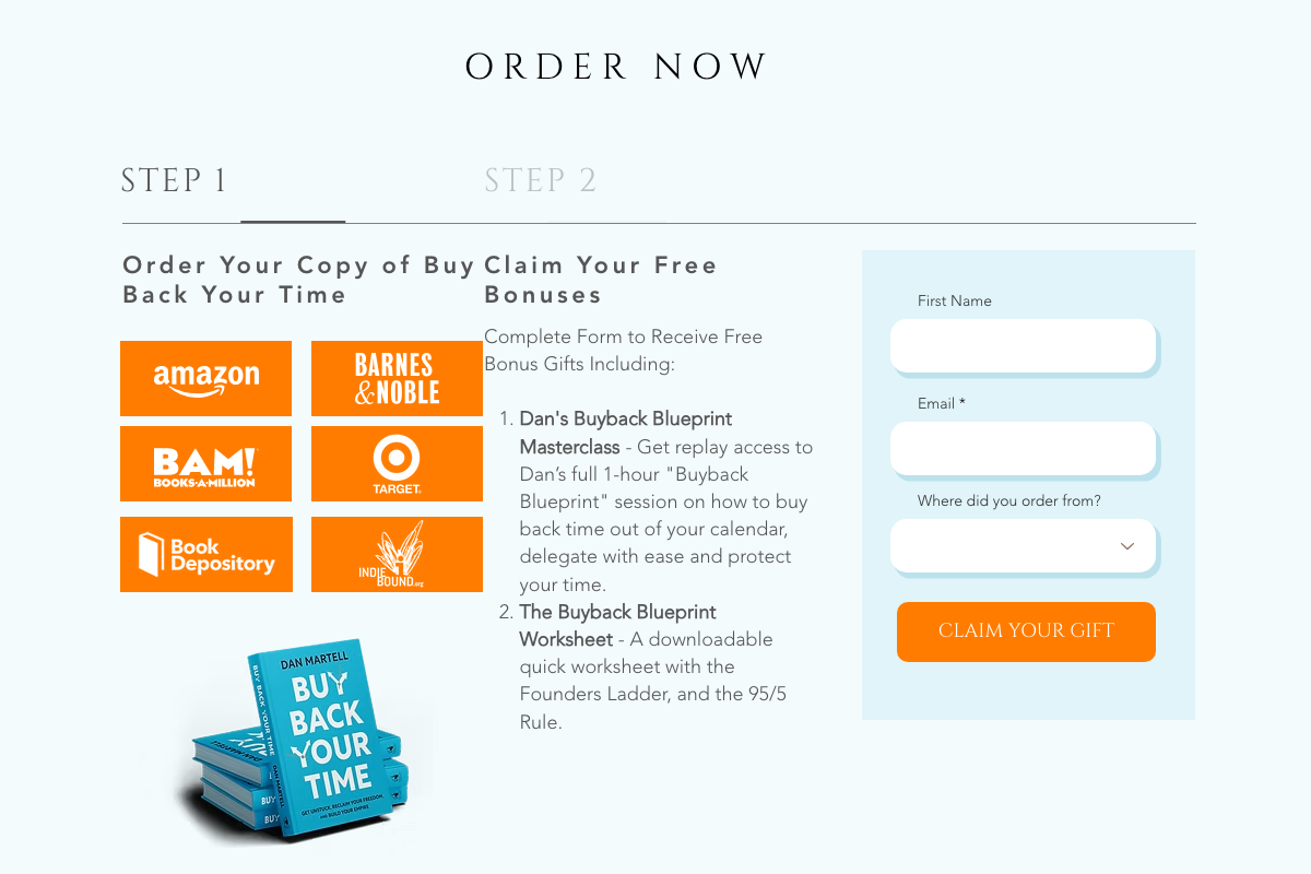 buybackyourtime.com order page showing the Buyback Blueprint Worksheet and Masterclass as book-purchase bonuses — includes the Founders Ladder and 95/5 Rule, neither of which appears in the video's tutorial steps.