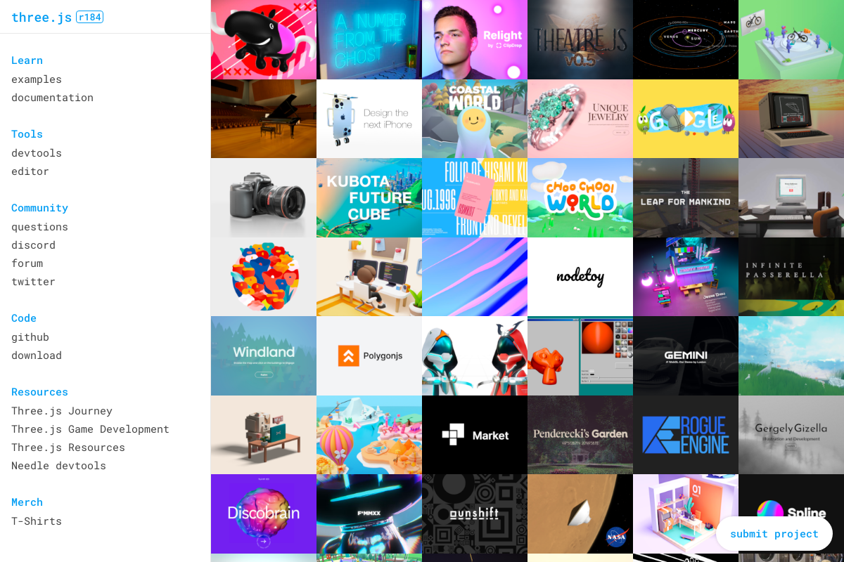 Three.js homepage (threejs.org) at version r184, showing the community gallery of browser-based 3D projects.