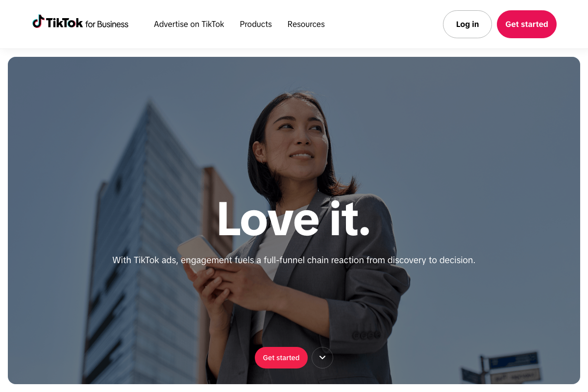 TikTok for Business homepage at ads.tiktok.com — platform confirmed active, but no AI creative policy, Symphony AI features, or ByteDance model documentation is visible.