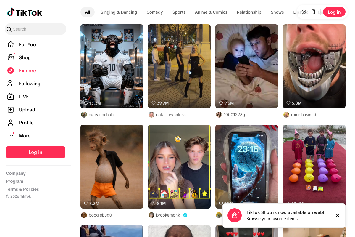 TikTok Explore page (tiktok.com) showing category-based content discovery grid — platform is active and accessible as of April 2026.