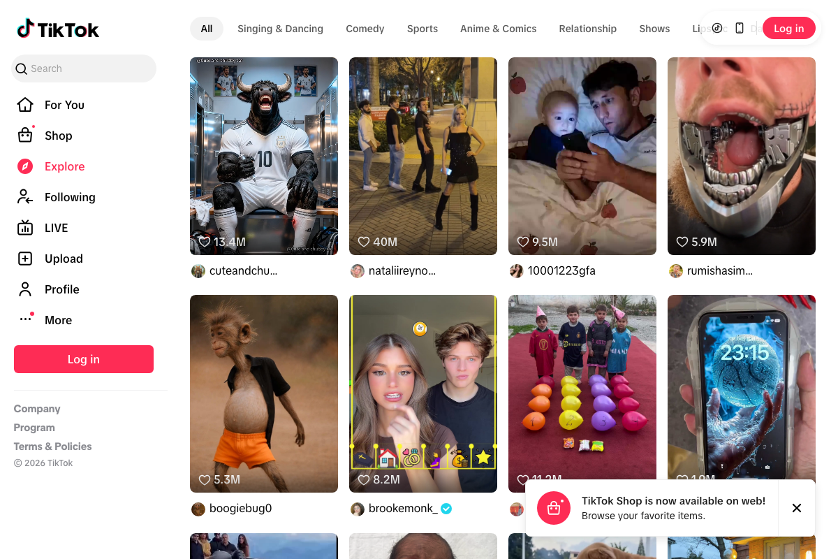 TikTok Explore page showing short-form video grid with category tabs and Upload function in sidebar navigation