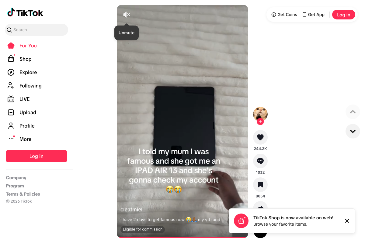 TikTok's For You feed at www.tiktok.com in logged-out state — account settings including any Content Preferences controls are not accessible from this view.