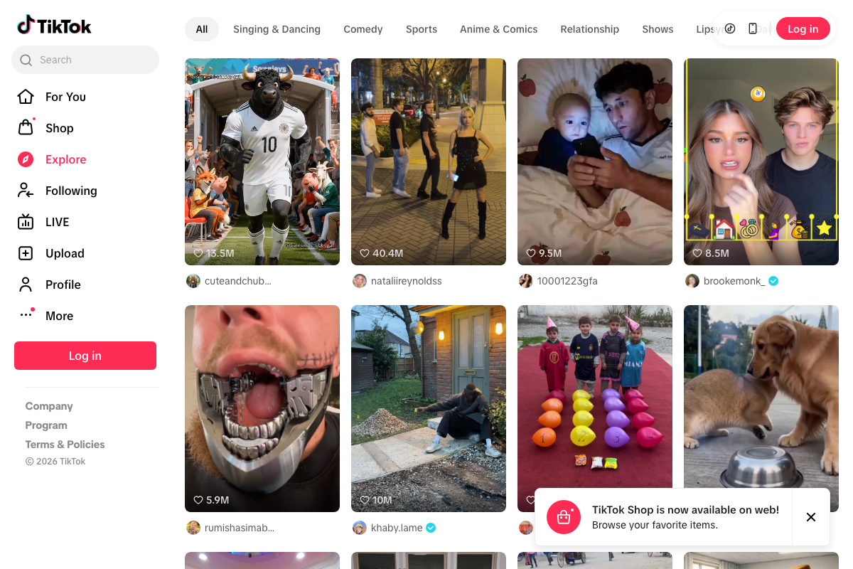 TikTok Explore page with persistent 'TikTok Shop is now available on web!' banner confirming active web commerce feature