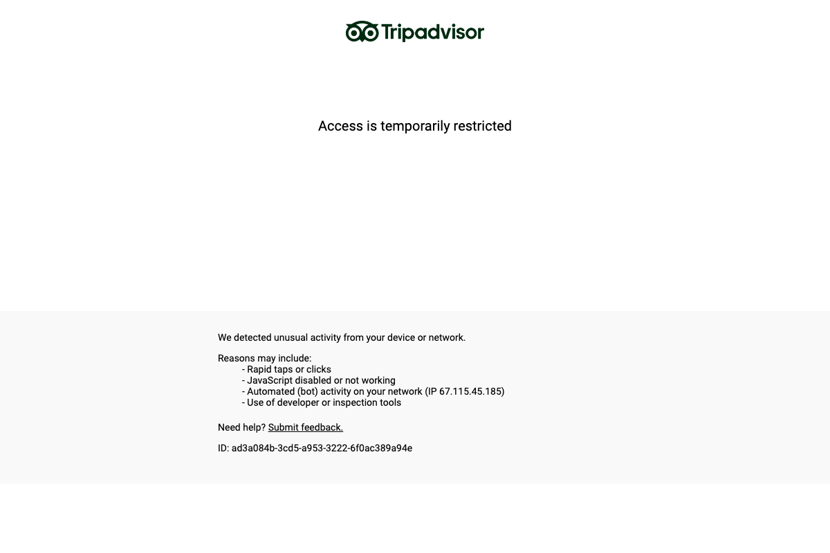 TripAdvisor access restriction — third capture, same error ID across all three attempts, confirming session-level block