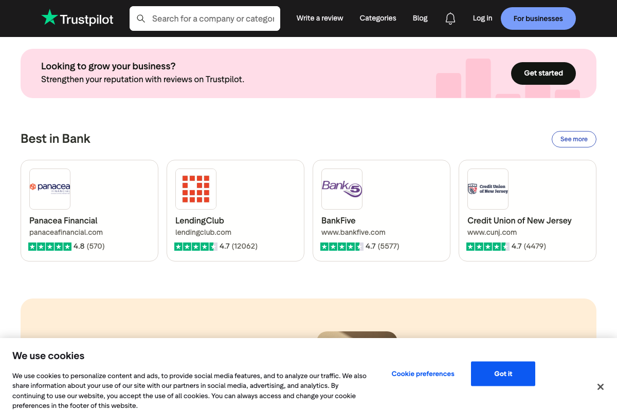 Trustpilot homepage showing 'Best in Bank' category listings with ratings and review counts — the category placement audit target in step 6