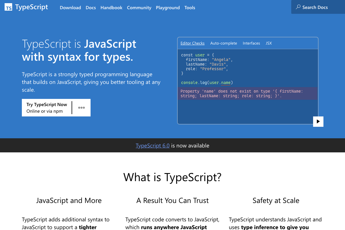 TypeScript homepage showing TypeScript 6.0 as the current release