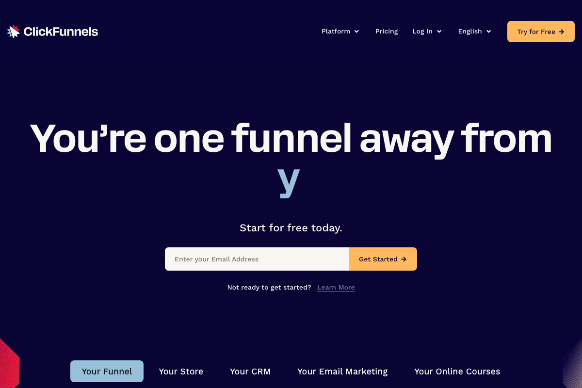 ClickFunnels homepage hero section — Russell Brunson's platform, the origin source of the Value Ladder framework applied as the analytical lens in step 6
