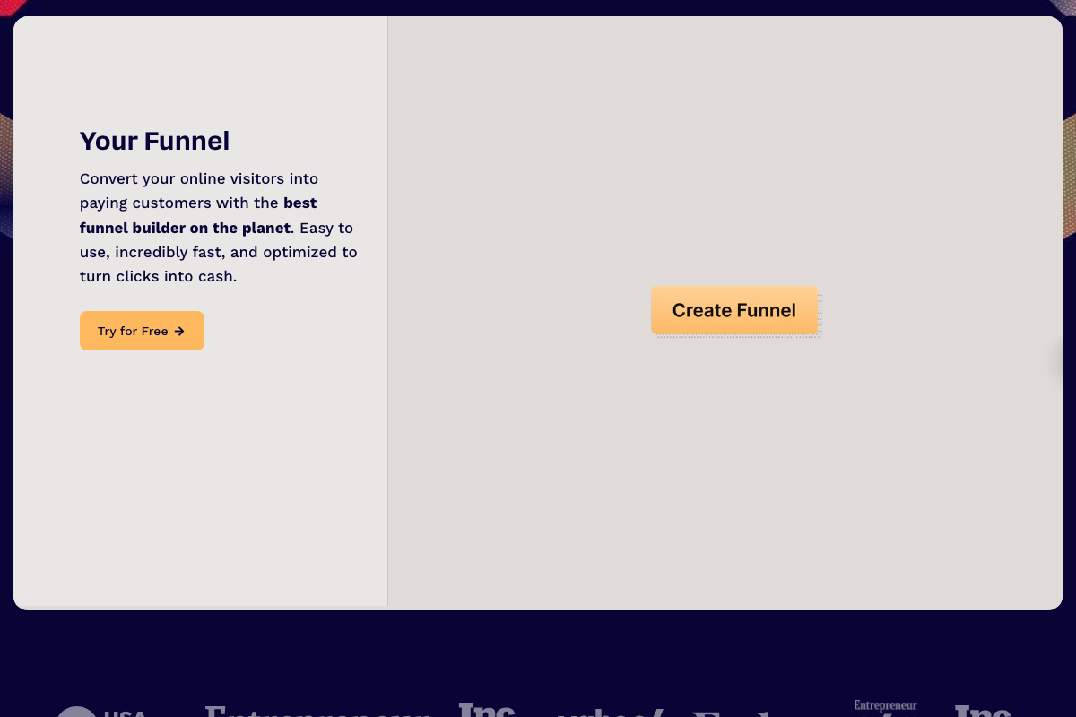 ClickFunnels 'Your Funnel' feature panel — describes the platform's core conversion premise, consistent with the funnel architecture framework Brunson uses in the video
