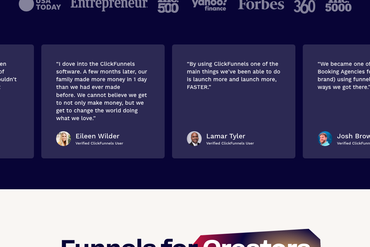 ClickFunnels social proof and media coverage section — confirms Brunson's platform credibility via major press mentions and verified user testimonials