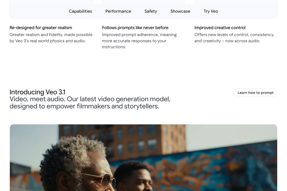 Google DeepMind Veo 3.1 section — confirmed as the latest Veo model, described as 'Video, meet audio' with improved realism and creative control.