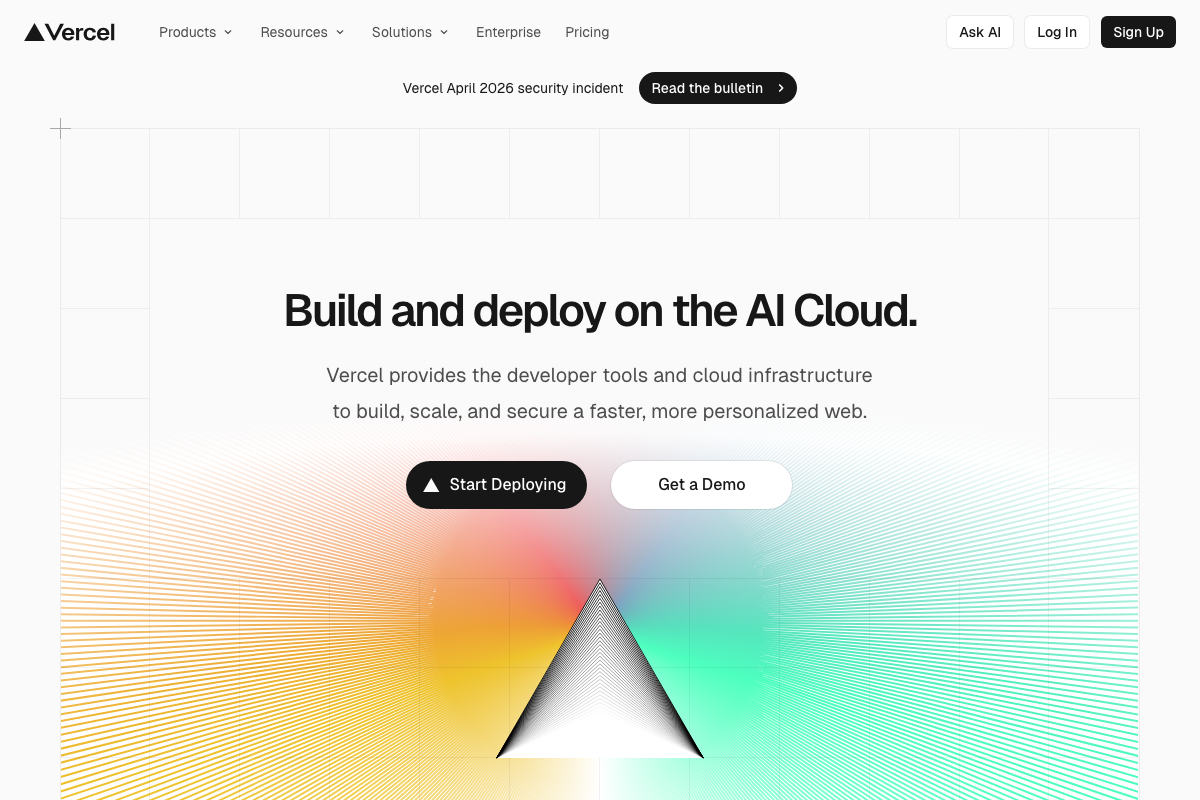 Vercel homepage with April 2026 security incident notice visible — confirms Vercel as an active AI Cloud deployment platform
