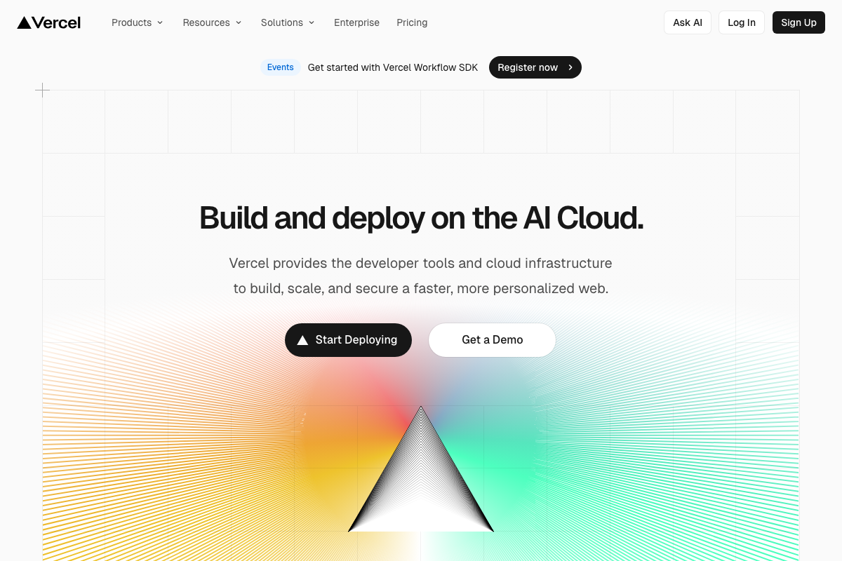 Vercel homepage: Build and deploy on the AI Cloud with Start Deploying and Get a Demo CTAs