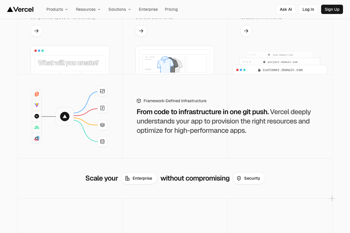 Vercel showing framework logos and Framework-Defined Infrastructure section: From code to infrastructure in one git push