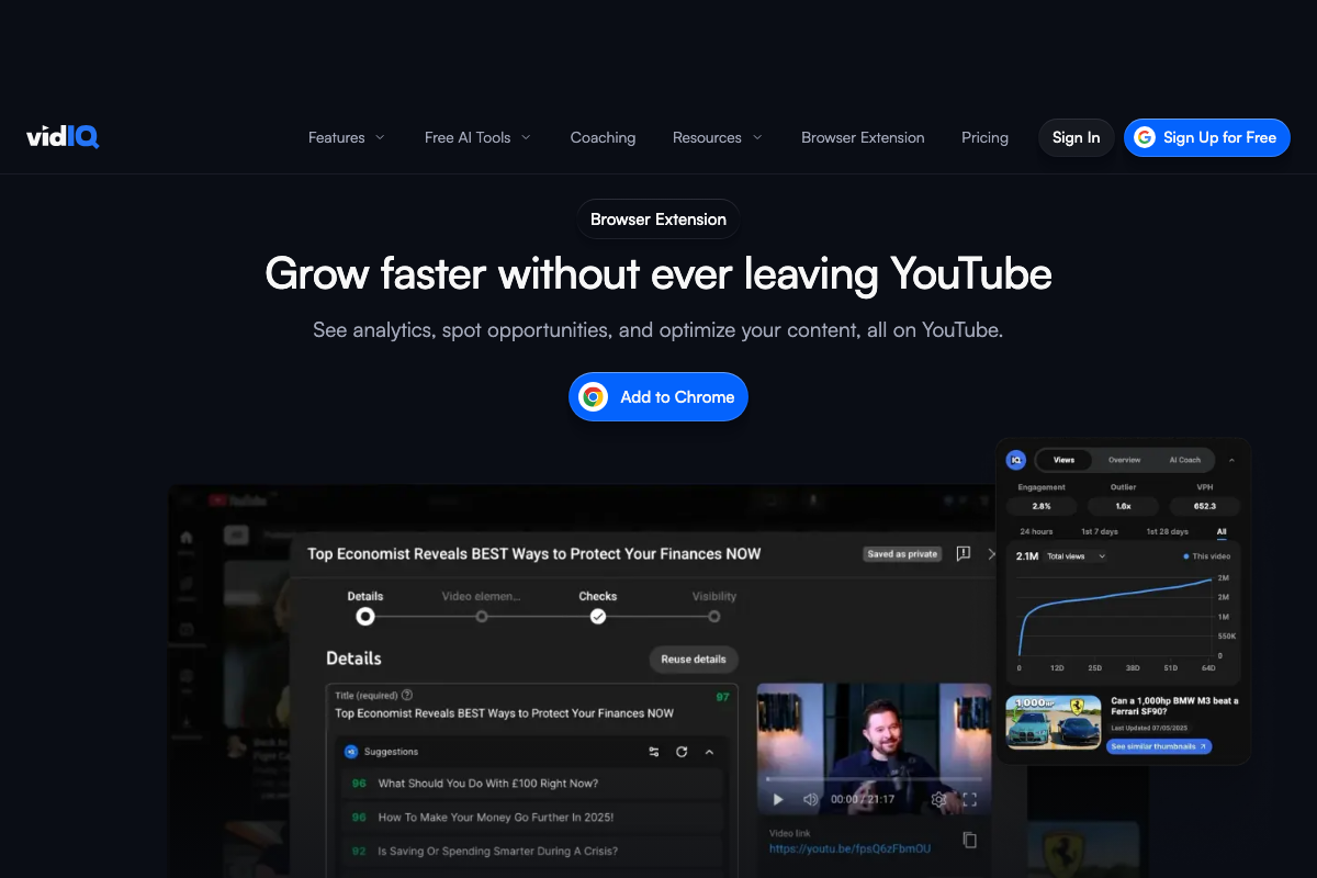 vidIQ Browser Extension page — shows in-YouTube related suggestions, a different entry point from the standalone web-app keyword research tool