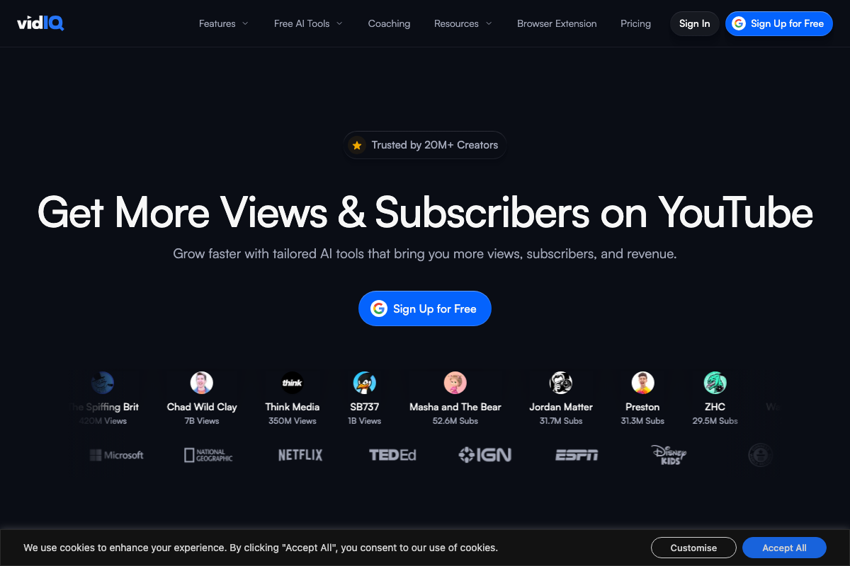 vidIQ homepage establishing the platform's scale and creator growth positioning — contextual background only, not strategic documentation for this building block