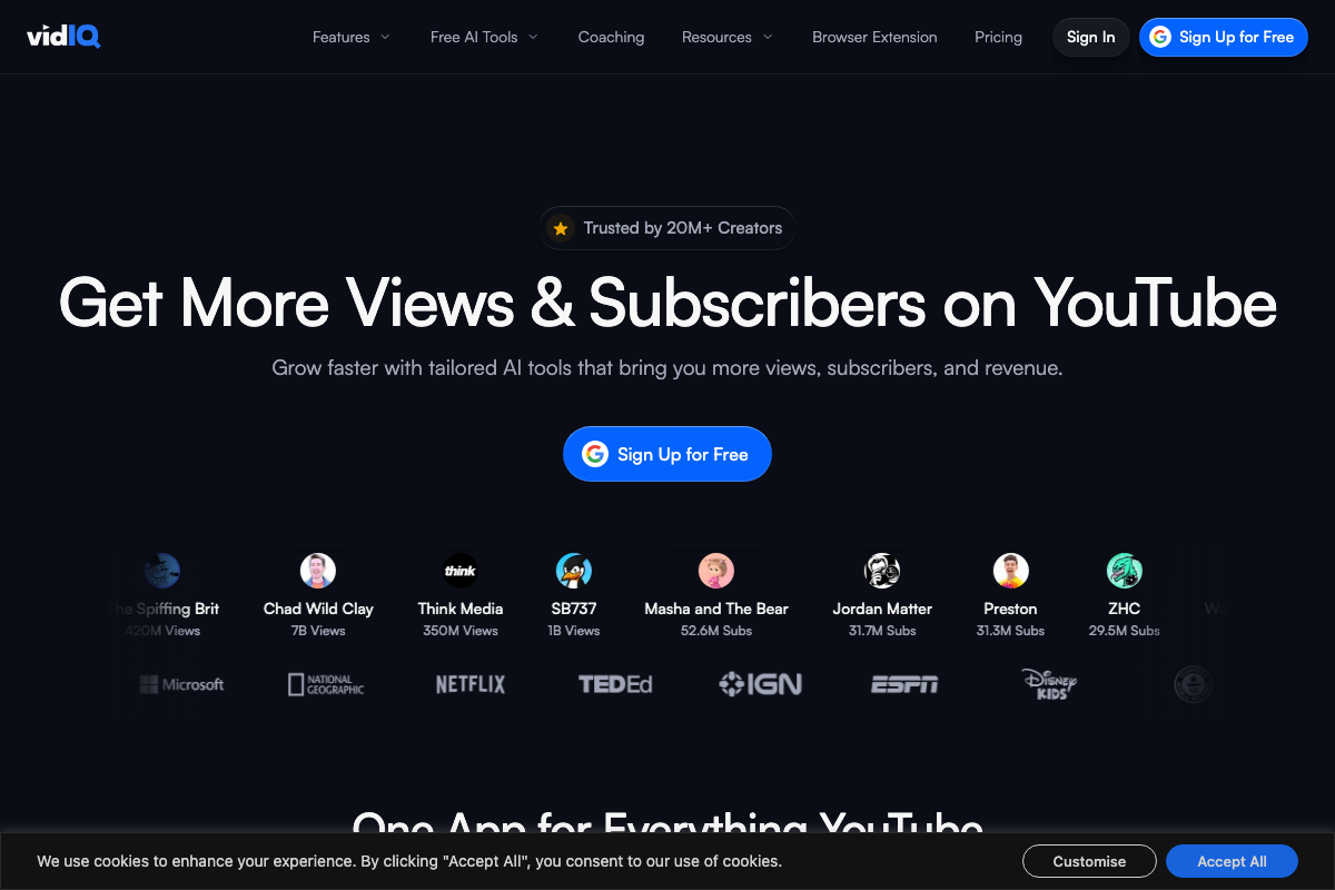 vidIQ homepage as of April 2026, showing the 'Sign Up for Free' CTA, '20M+ Creators' social proof, and AI-tool positioning.