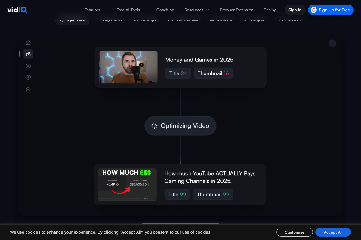 VidIQ optimization interface showing before-and-after title and thumbnail scores rising from 24/16 to 99/99