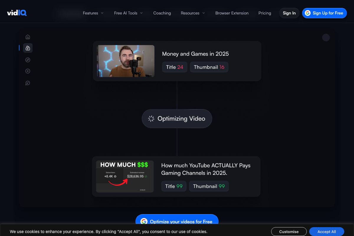 vidIQ's video optimization interface showing Title and Thumbnail scores before and after AI-assisted optimization.