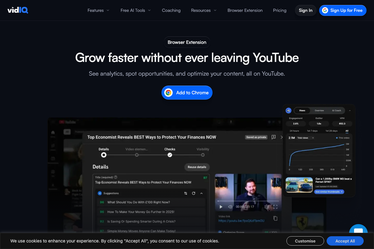 VidIQ browser extension on YouTube's upload Details screen showing scored title suggestions at 96, 96, 92, and 97