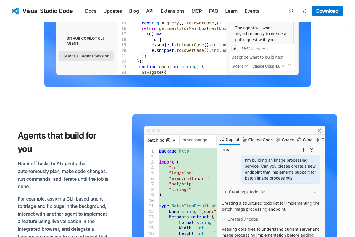 VS Code homepage 'Agents that build for you' section confirming VS Code as a fully supported Claude Code environment for agent sessions and file editing.