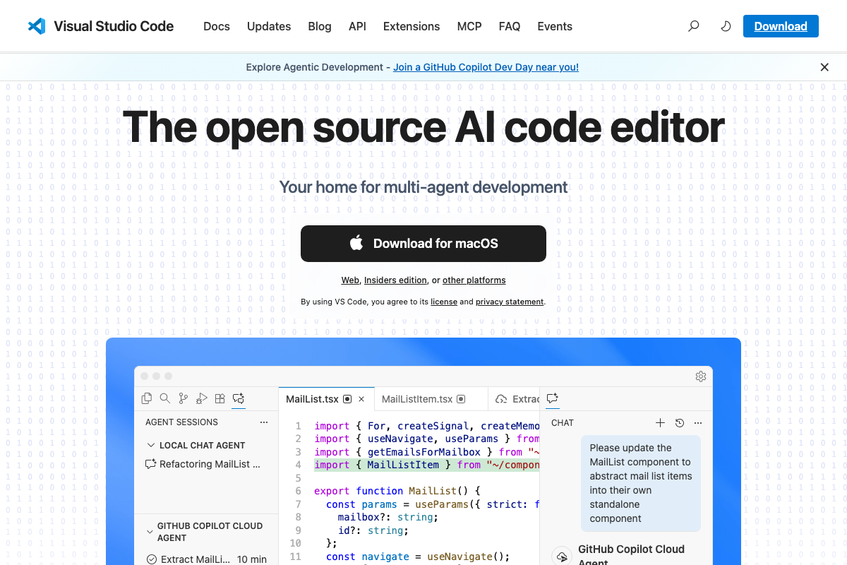 VS Code homepage showing the native AGENT SESSIONS panel with LOCAL CHAT AGENT and GITHUB COPILOT CLOUD AGENT session types.