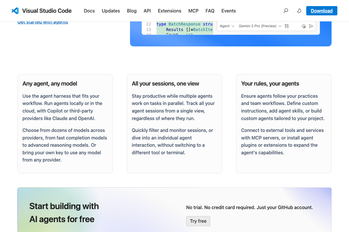 VS Code feature overview cards showing 'Any agent, any model', 'All your sessions, one view', and 'Your rules, your agents' capabilities.