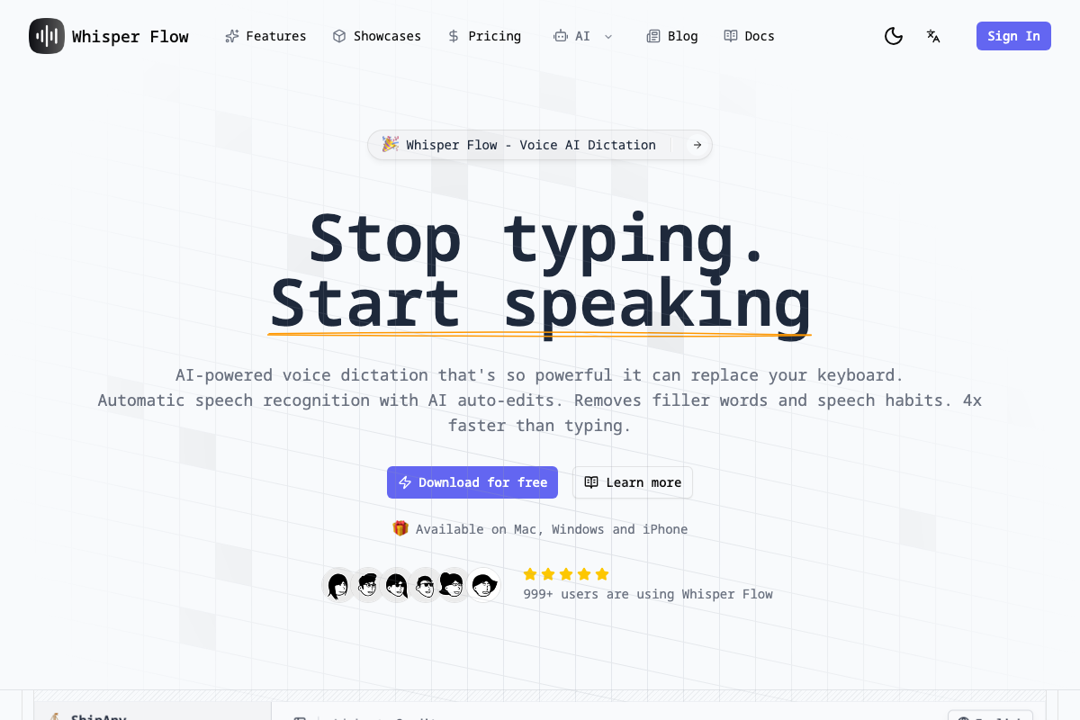 Whisper Flow homepage — 'AI-powered voice dictation' on Mac, Windows, and iPhone; no Gemma 4 or offline capability mentioned