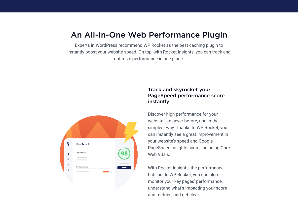 WP Rocket product page describing Rocket Insights as a performance hub for Core Web Vitals tracking and optimization recommendations