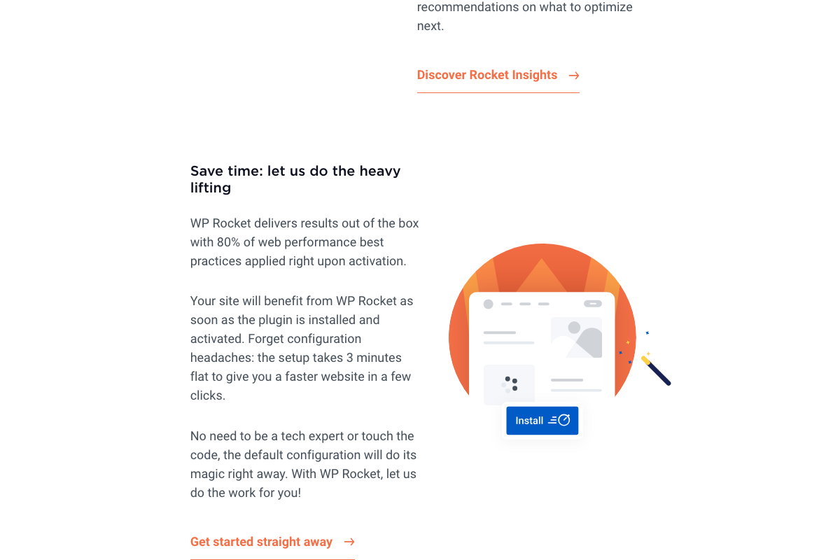WP Rocket official site stating 80% of web performance best practices apply automatically on plugin activation