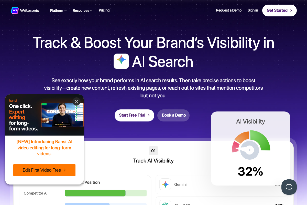 Writesonic homepage showing a three-action optimization framework: create new content, refresh existing pages, or reach out to sites that mention competitors but not you.
