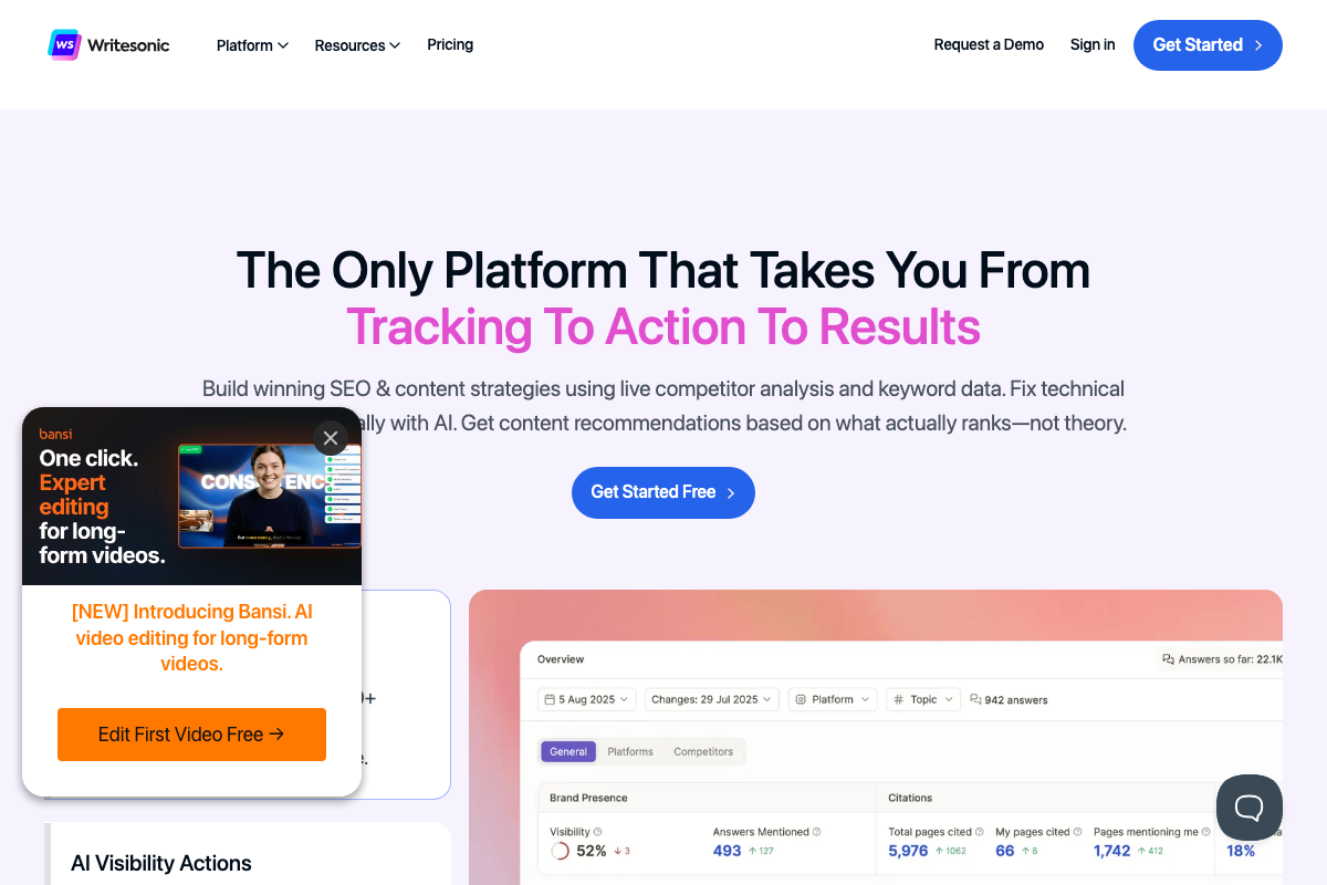Writesonic brand presence dashboard showing Visibility at 52%, 493 Answers Mentioned, 5,976 Total pages cited, and 1,742 Pages mentioning me with a comparison date of July 29, 2025.