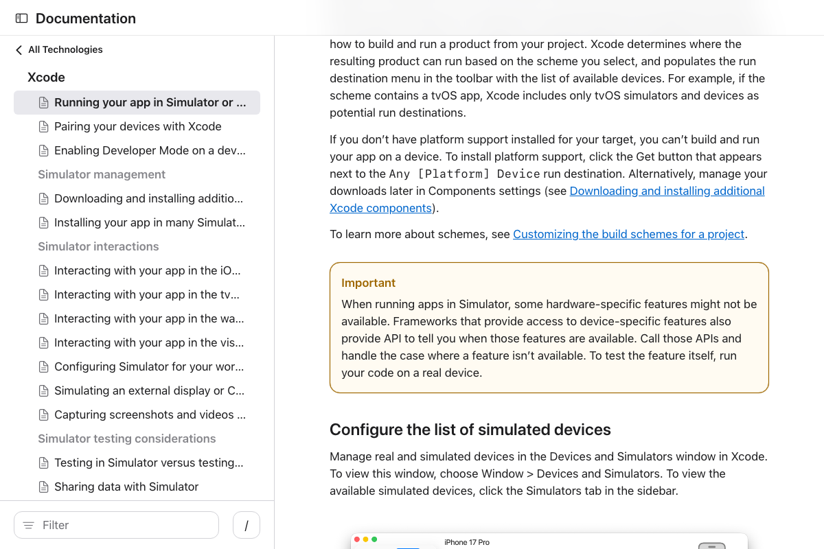 Apple docs 'Important' callout — microphone access may not be available in the iOS Simulator