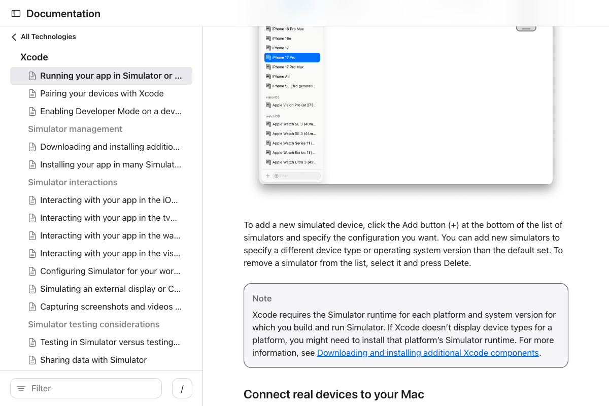 Xcode Simulator device list and the runtime installation requirement