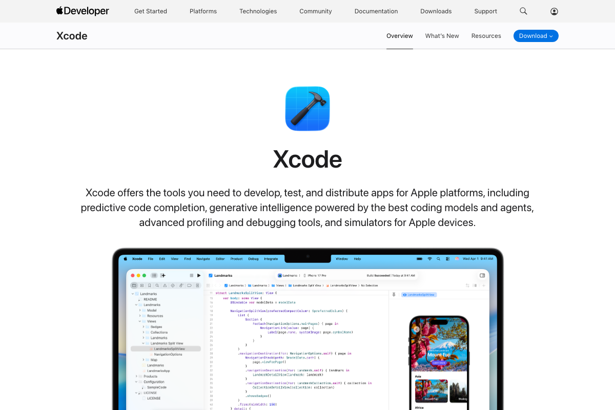 Official Xcode overview — the required IDE for iOS build, test, and distribution