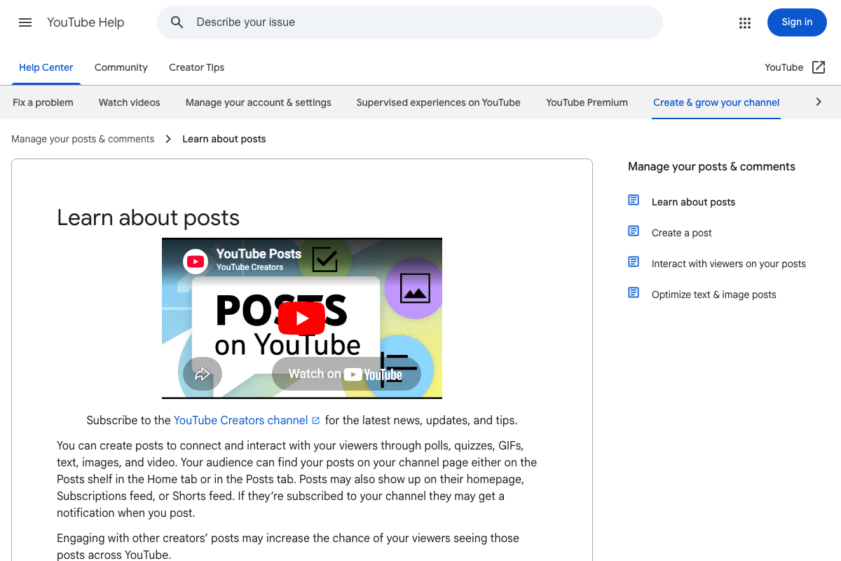 YouTube Help 'Learn about posts' confirming post types, distribution surfaces including Subscriptions feed and Shorts feed, and subscriber notification behavior