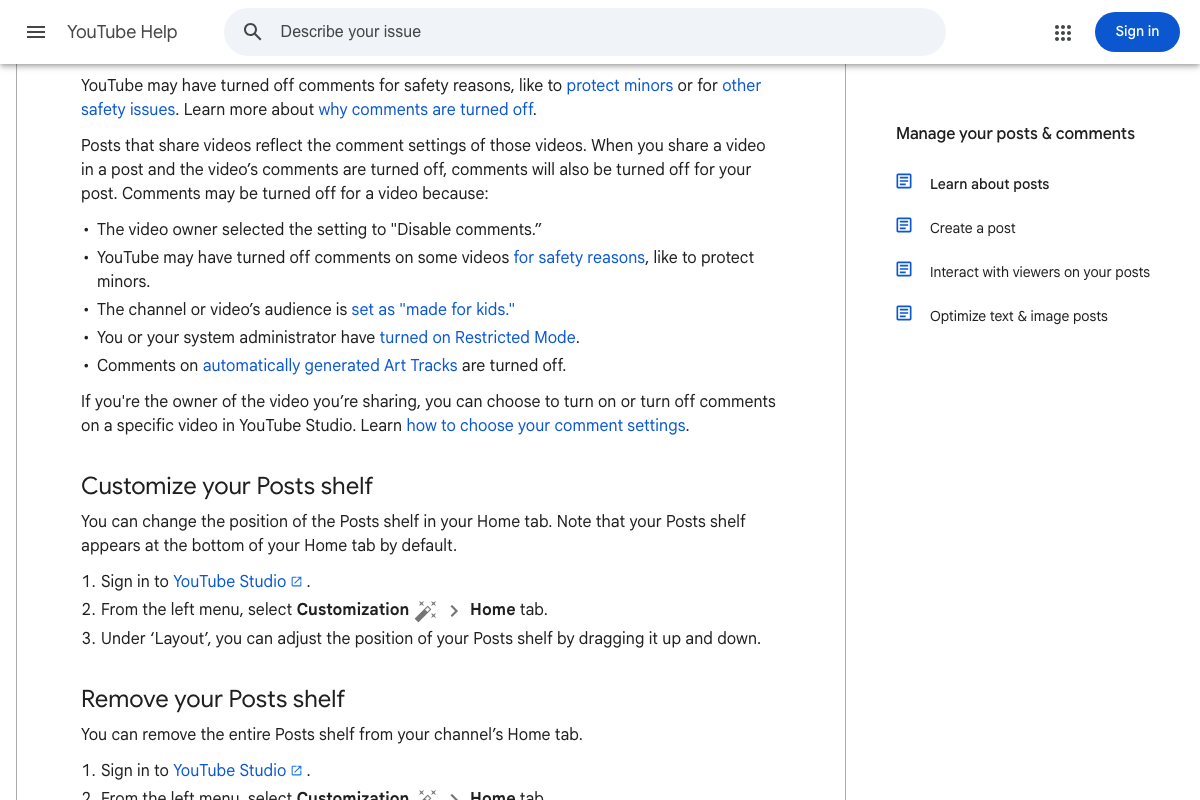 YouTube Help: Posts shelf positioning, removal options via Layout settings, and inherited comment behavior when sharing a video inside a post