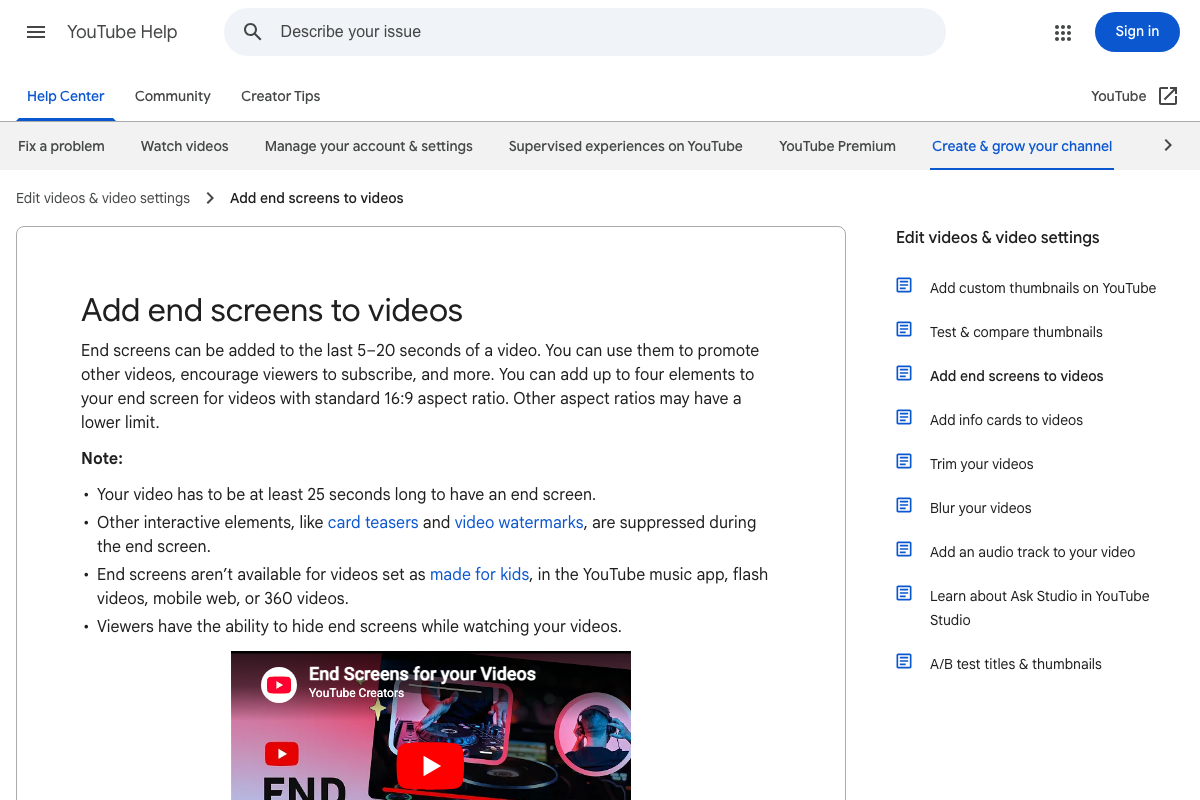 YouTube Help: 'Add end screens to videos' — documents the 5–20 second placement window, 4-element cap, and content eligibility restrictions