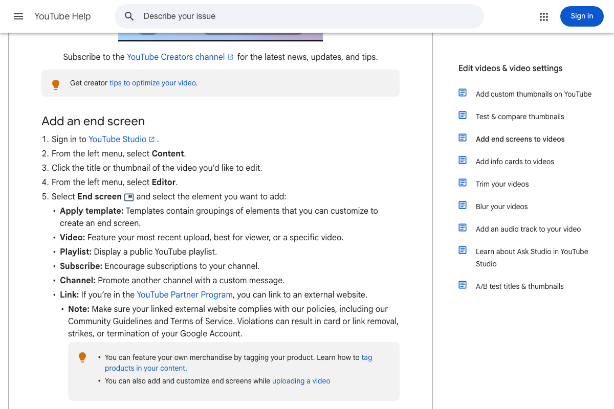 YouTube Help end screen editor — confirms the 'specific video' and 'most recent upload' options within the Video element type