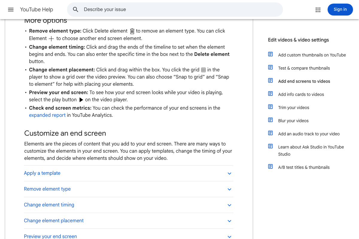 YouTube Help — confirms end screen metrics live in an 'expanded report' accessed from the Studio Editor, not the impressions report