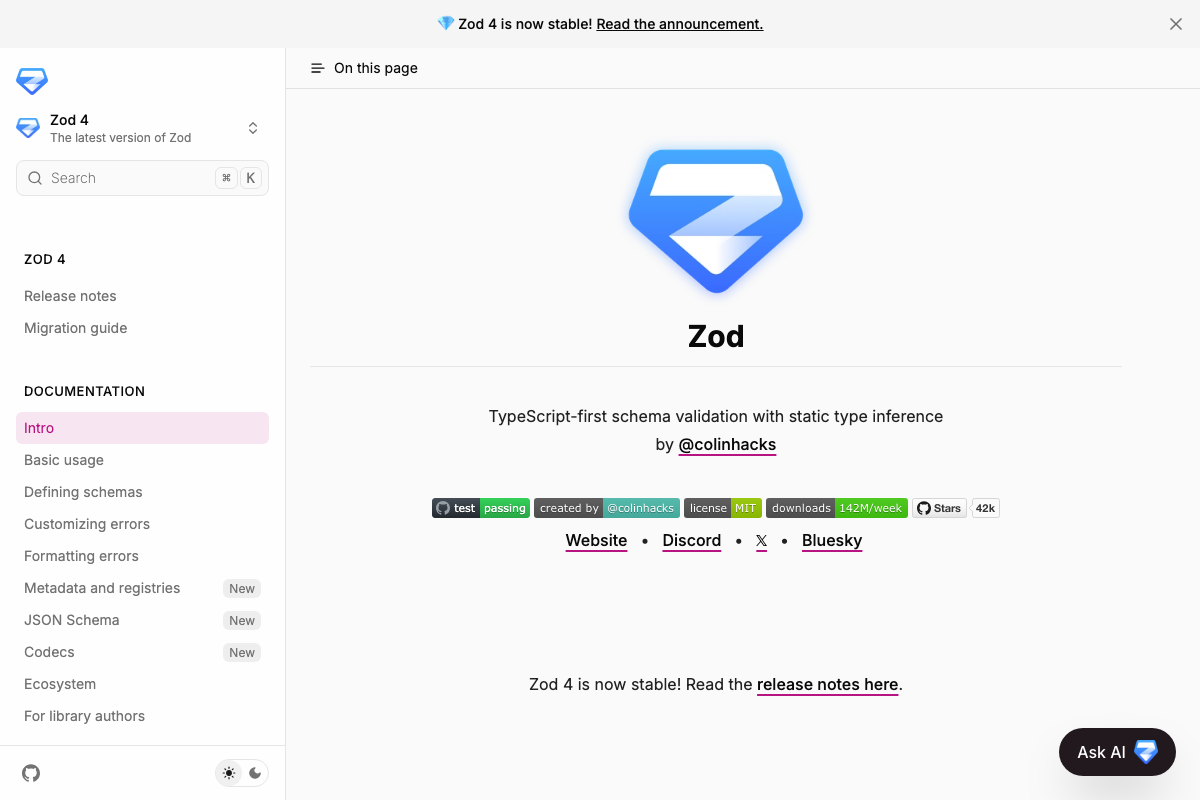 Zod docs showing Zod 4 as current stable with migration notes visible