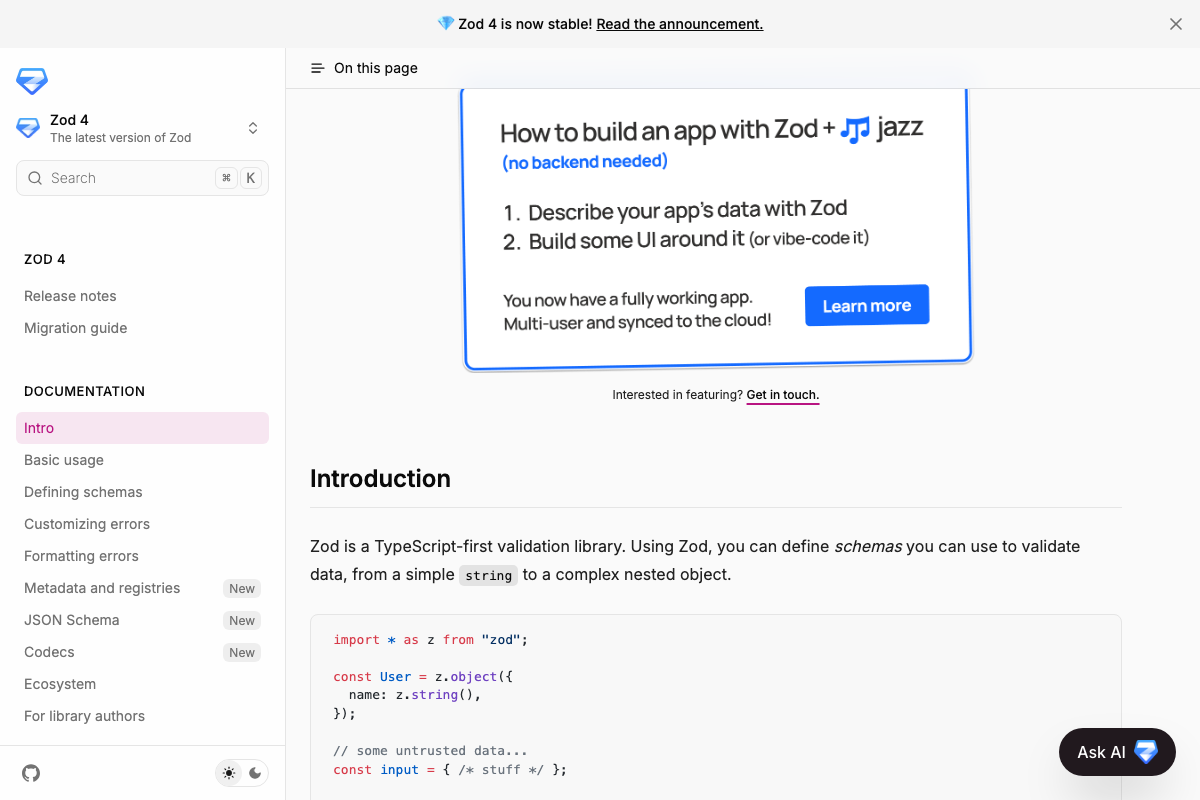 Zod Introduction section showing schema syntax with Zod 4 stable release banner