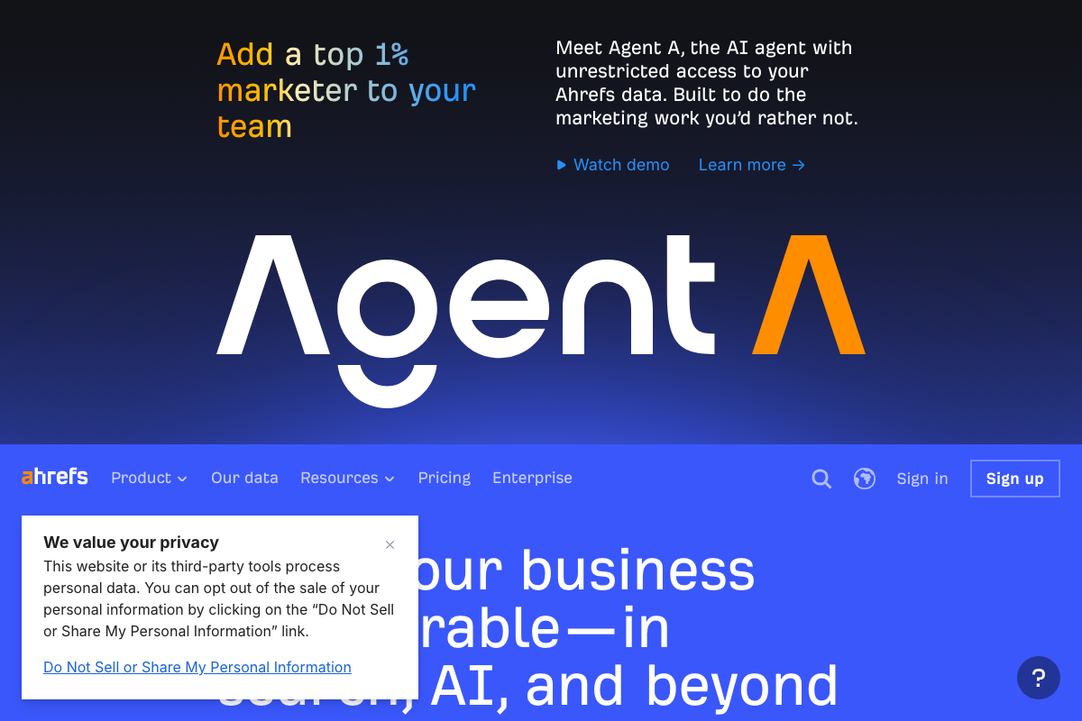Ahrefs main homepage showing Agent A promotional banner — no Bot Analytics or Cloudflare integration UI visible.