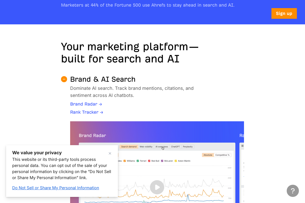 Ahrefs homepage Brand & AI Search section listing Brand Radar and Rank Tracker — no Bot Analytics product visible.