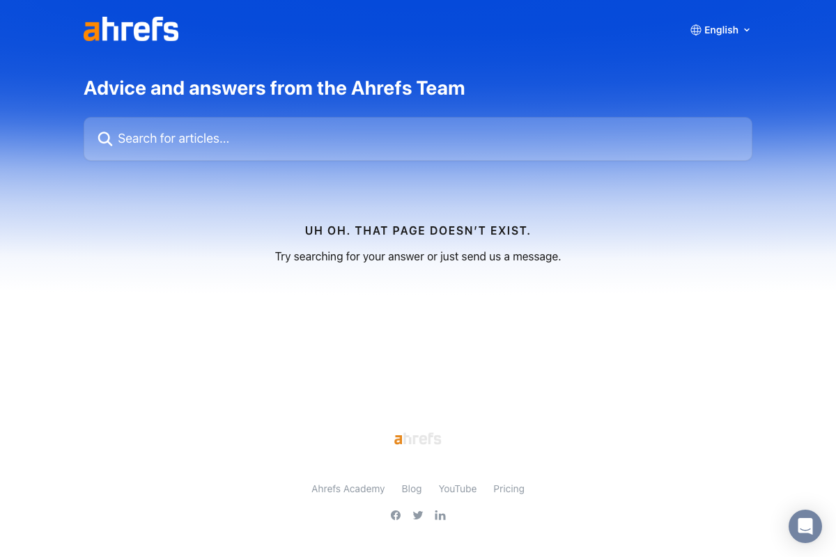 Ahrefs Help Center 404 error at the Brand Radar article URL (help.ahrefs.com/en/articles/8636524-brand-radar).