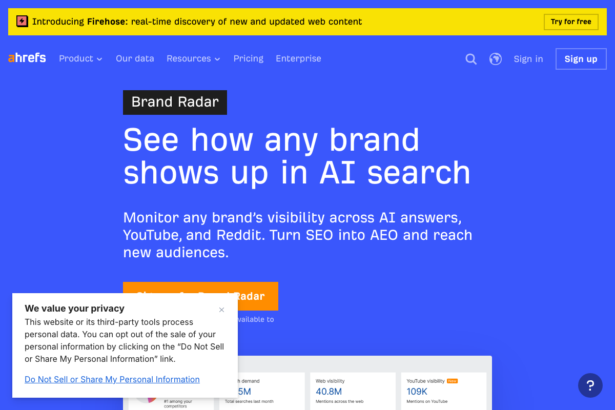 Ahrefs Brand Radar product page confirming visibility tracking across AI answers, YouTube, and Reddit.
