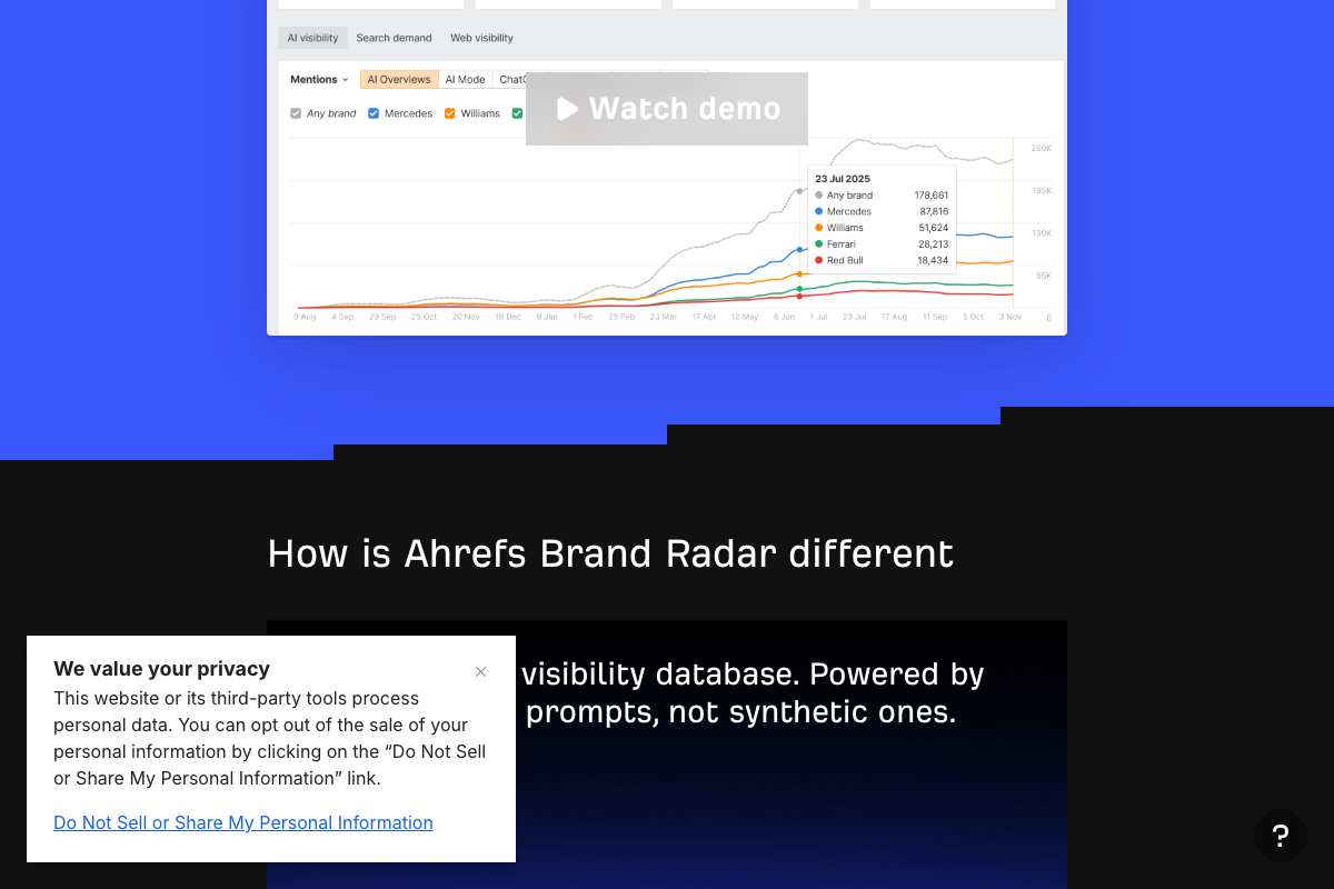 Brand Radar UI showing primary navigation tabs — 