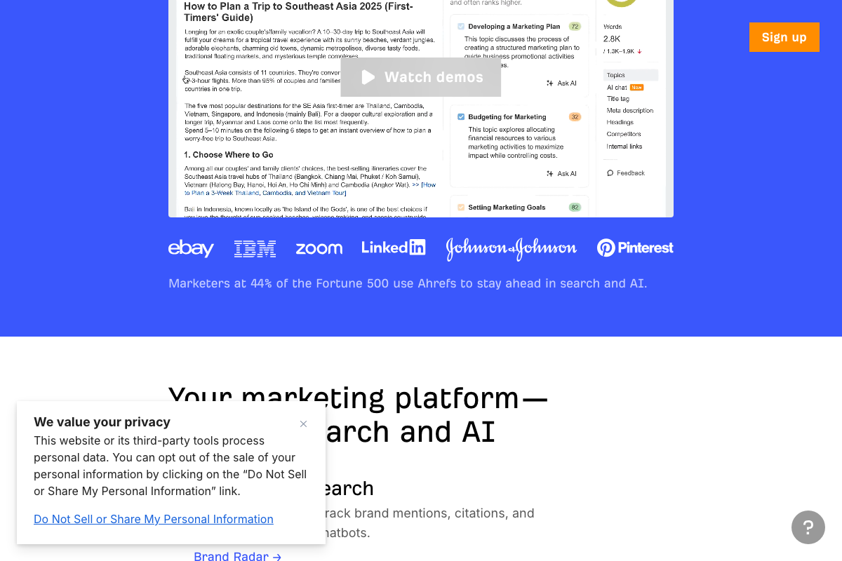 Ahrefs homepage copy — Brand Radar explicitly described as tracking 'brand mentions, citations, and chatbots'